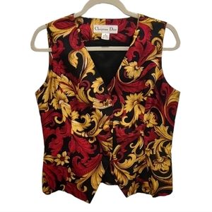 CHRISTIAN Dior Vintage Red and Gold Paisley Print Silk Sleeveless Vest -…